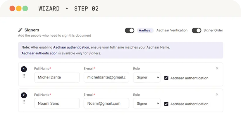 Accordsign wizard, step 2 — adding signers and CC recipients, with toggles for Aadhaar verification and a custom signing order.